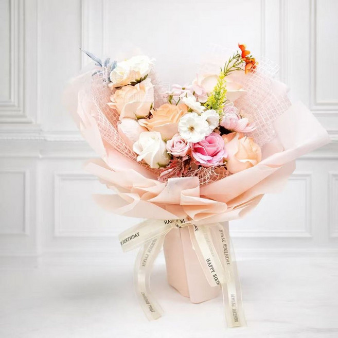 제이하이 프리미엄 파스텔 선물용 비누꽃다발+쇼핑백+카드+LED등 포함, 1개, 핑크