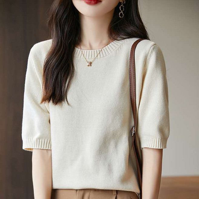 LUMIBEAN 여성 라운드넥 루즈핏 도톰한 두겹 순면 반팔 니트