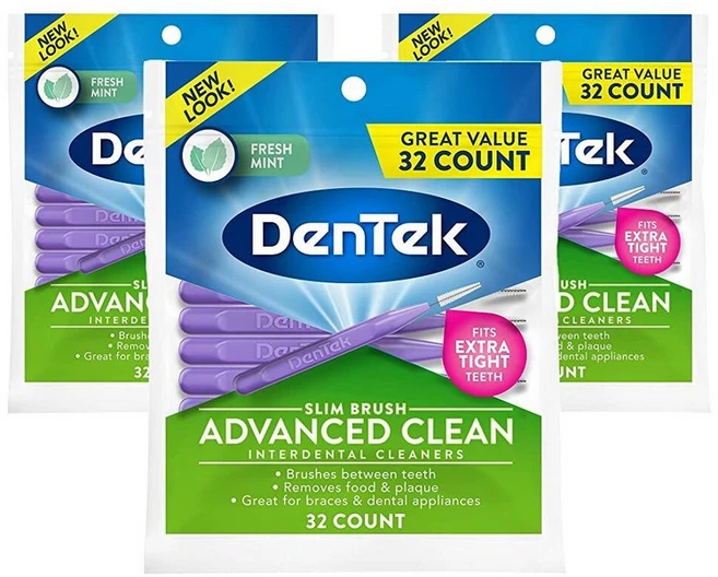 DenTek 슬림 브러시 치간 클리너 | 치아 사이를 닦아냄 | 엑스트라 타이트 치아 | 민트 맛 | 32개입 | 3개 팩 - 쿠팡