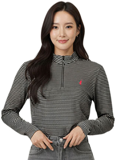 [빅히트 패션] 여성 반집업 반목 스트라이프 피치 티셔츠