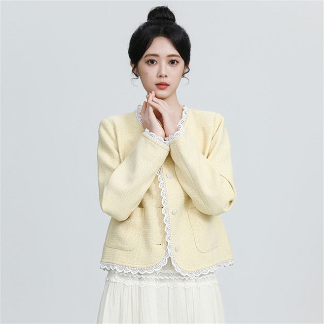 TKX 여성 봄 가을 라운드넥 레이스 디테일 진주 버튼 트위드 자켓 귀여운 스타일 출근룩 K79