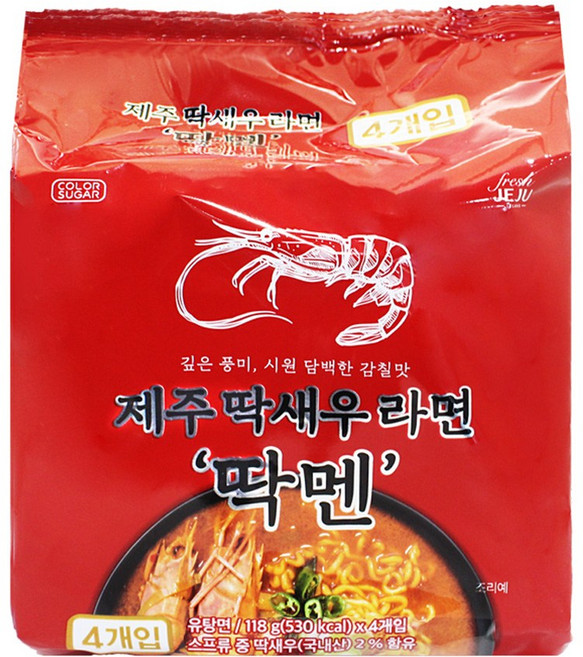 컬러슈가 제주딱새우라면 딱멘 118g, 4개