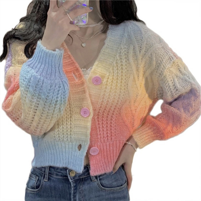 여성 레인보우 니트 카디건스 스웨터 여성 버튼 다운 상의 V넥 코트 시크 긴 소매 스웨터 겨울용