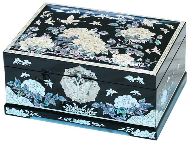 따숨방 목단 2단 자개함 블랙 19cm 나전칠기 자개보석함 돌반지 보관함 외국인선물, 1개, 목단 2단 자개함 19cm 블랙