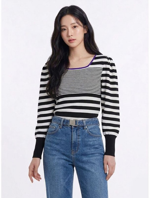 에고이스트 퍼프소매 스트라이프 니트 블랙 EP1KL262