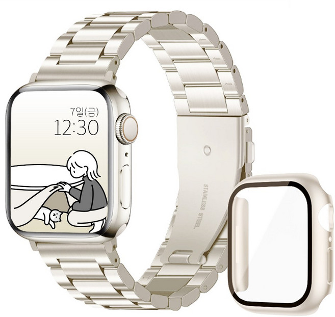아이비온 애플워치 메탈 스트랩 40 44 + 풀커버 케이스 세트, 스타라이트