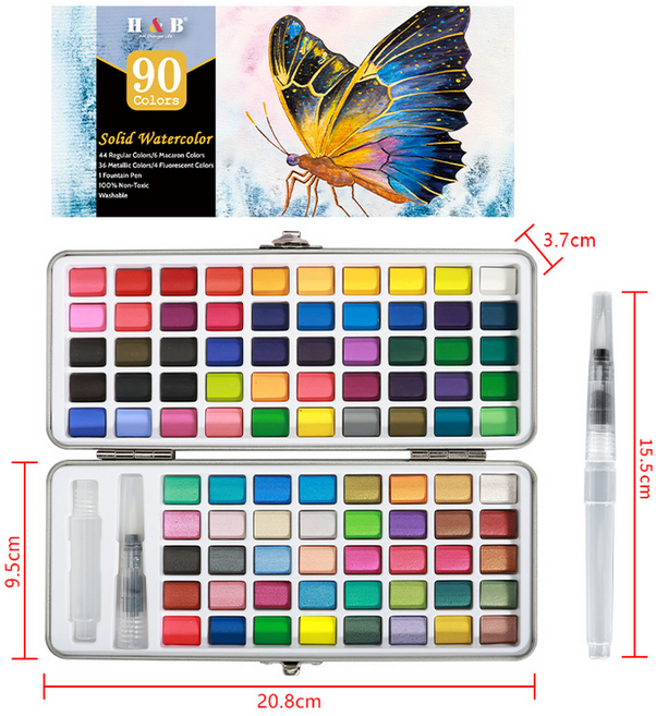 HB문화사 진주펄 고체 프리미엄 50/72/90/100 색 틴케이스 전문가용 수채화 브러쉬 세트 물감, 90색