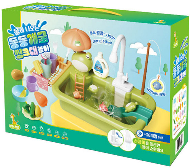 키즈팡팡 물이 나오는 둥둥 개굴 싱크대 소꿉 역할 놀이 사회성 발달, 1개, 혼합색상