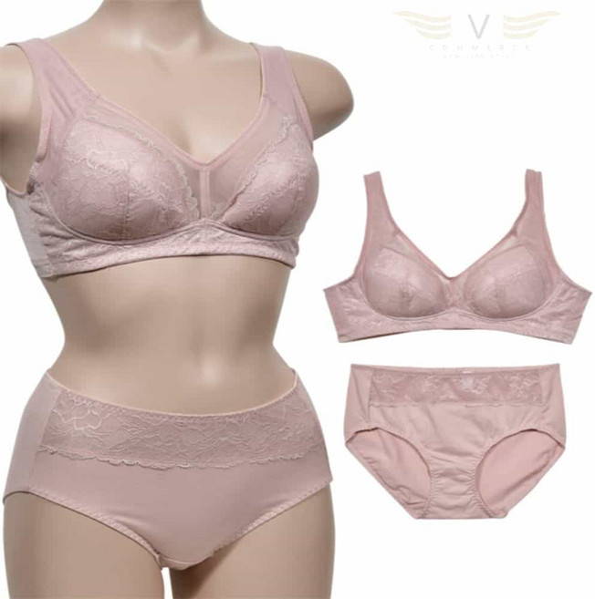 브이커머스 레이스팬티 레이스 노와이어 풀컵 A컵 브라팬티 세트