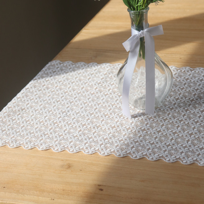 샤잔꽃 러너 레이스 테이블 주방 콘솔 쉬폰, 1개, 6인 (210 x 47cm), 백아이보리