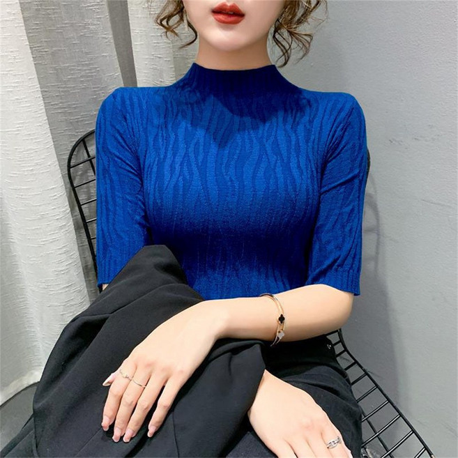 TKX 여성 가을 봄 니트 반하이넥 스웨터 심플 세련된 5부소매 빅사이즈 엄마 옷