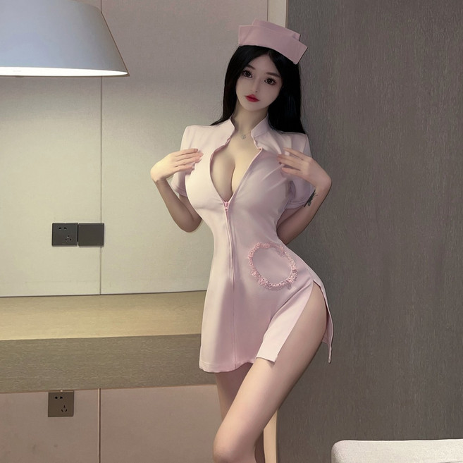 해피유통 여성 성인 섹시 간호사 코스프레 드레스 깊은 V넥 지퍼 디자인 역할놀이 의상 LWJ
