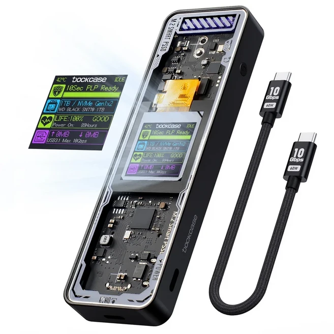 Dockcase Smart 2280 M.2 NVMe SSD 인클로저 사이버 ​ LCD 디스플레이 최대 10GBps Type-C를 갖춘 디자인, 02 Black