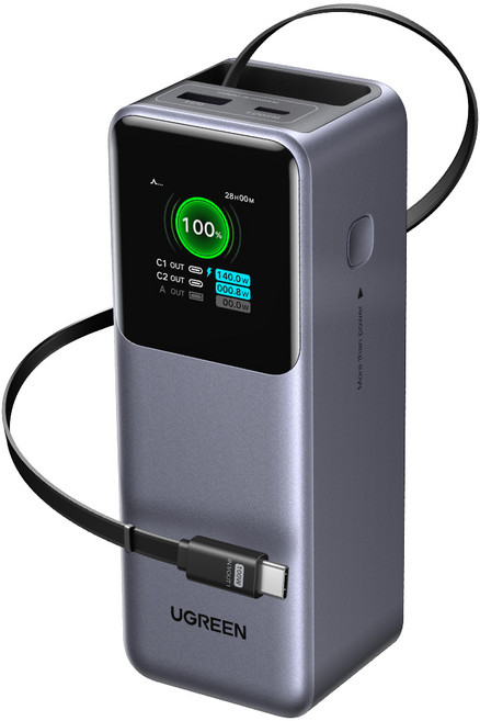 UGREEN 유그린 Nexode 165W 20000mAh C타입 릴케이블 대용량 일체형 보조배터리 100W 고속 충전 가능 갤럭시 S25 울트라 맥북 프로 아이폰 17 등 호환, Grey, PB726