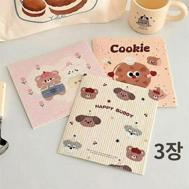 이지몰 친환경 셀룰로오스 감성 캐릭터 수세미 행주, 1세트, 혼합색상