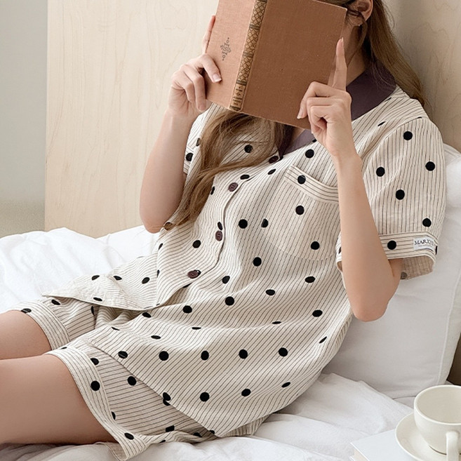MARIQUE 여성 도트 스트라이프 파자마 잠옷 세트