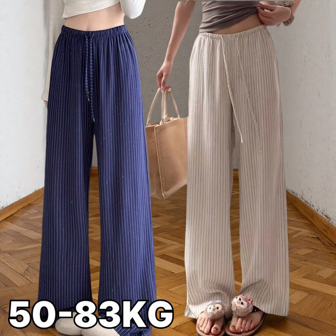 UNIQUEZON 여성 루즈핏 린넨 와이드 팬츠 봄여름 시원한 스트라이프 일자 면마 바지 빅사이즈