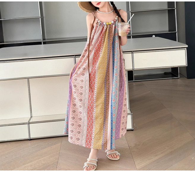 Toruva어린이 다채로운 스트라이프 민소매 롱원피스 봄여름 외출룩14세 이상