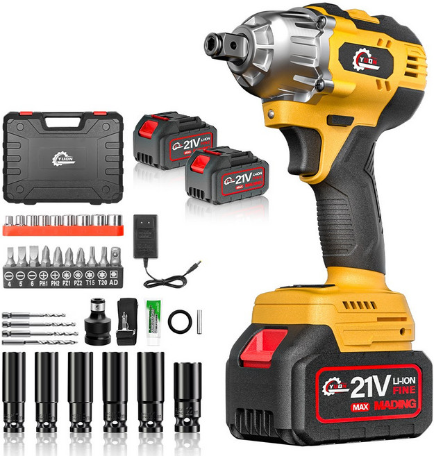 YUON 독일 기술 21V 300Nm 고출력 충전 임팩드릴 세트 전동 임팩 렌치 무단변속 충전 임팩 드릴 렌치 드라이버 전문가형 3.0Ah 배터리 2개 풀세트, 1개