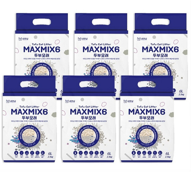 두부벤토 믹스 6IN1 냄새없고 변기에 버리는 가성비 탈취 제습 6가지 혼합 벤토믹스 두부모래 맥스믹스식스 고양이 모래, 6개, 6L