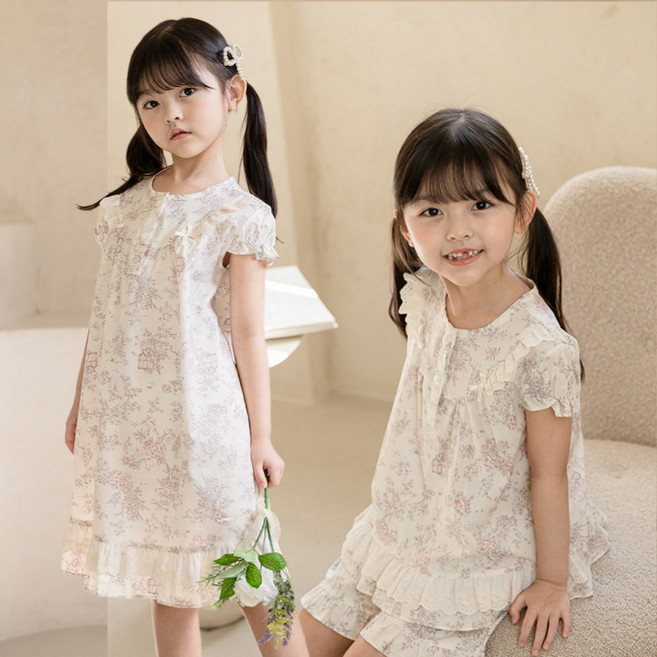 (3세-14세)국산 여아 원피스 공주잠옷 여름 이슬 60수 순면 무형광 파자마