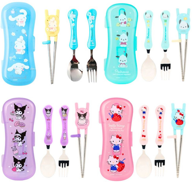 산리오 익스슬림 스텐 릴팡 젓가락 스푼 포크 케이스 4P 세트 교정용 포차코 시나모롤 쿠로미 헬로키티