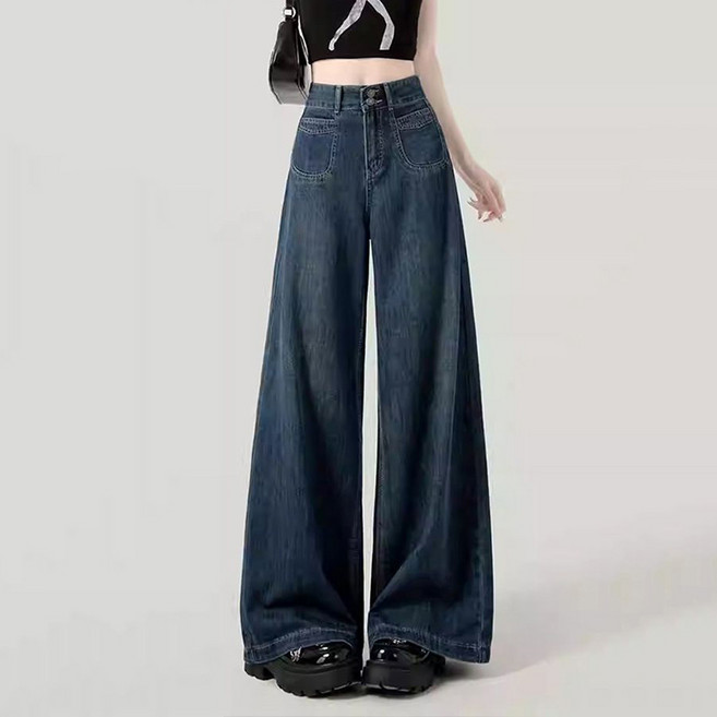 슬림소녀 여성용 하이웨이스트 청바지 빈티지 루즈핏 캐주얼 와이드 데님 팬츠