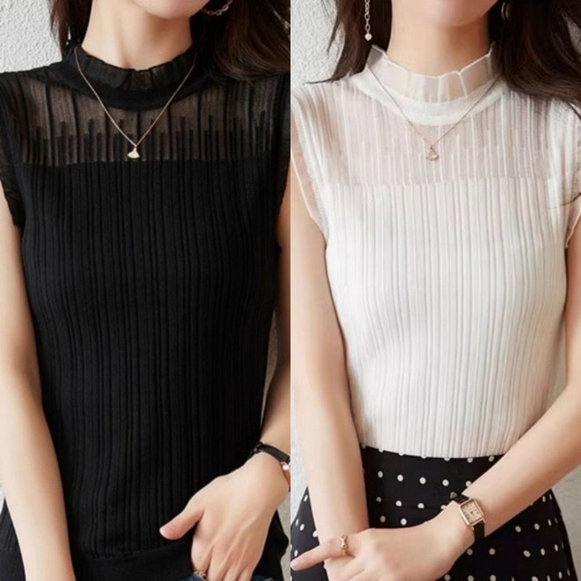 ROYALBELLE 1+1 (2종세트) 여성 반하이넥 레이스 슬림핏 민소매 캐주얼 나시 티셔츠 D01013003