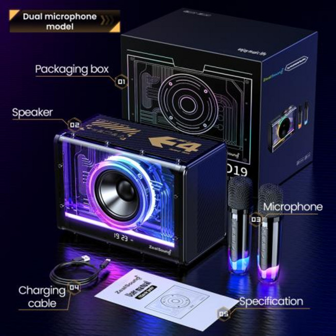 노래방 기계 블루투스 마이크 휴대용 Zealsound 스피커 무선 듀얼 가라오케 성인 및 LED 조명 홈 파티, 플레이어 세트, Dual Microphone Set, 1개