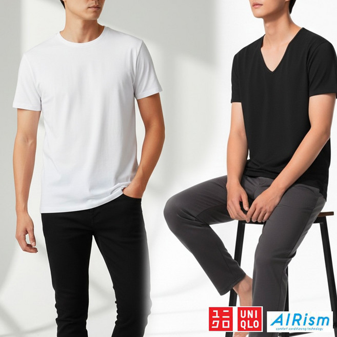 [일본직수입] 유니클로 에어리즘 반팔 티셔츠 남성 기능성 이너티 + 브리니코 양말