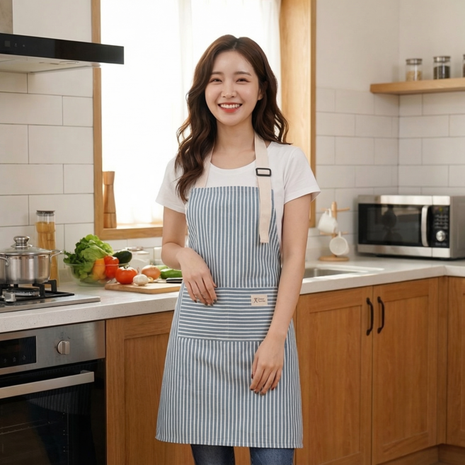 슈나온 북유럽풍 스트라이프 앞치마, 1개, 블루