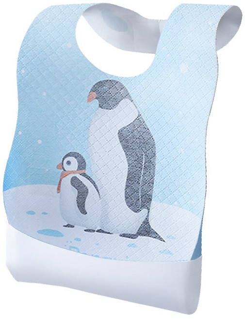 Mommywant 三層防水一次性圍兜，獨立單片包裝，立體防漏接槽設計, 小企鵝, 50個, 10個裝