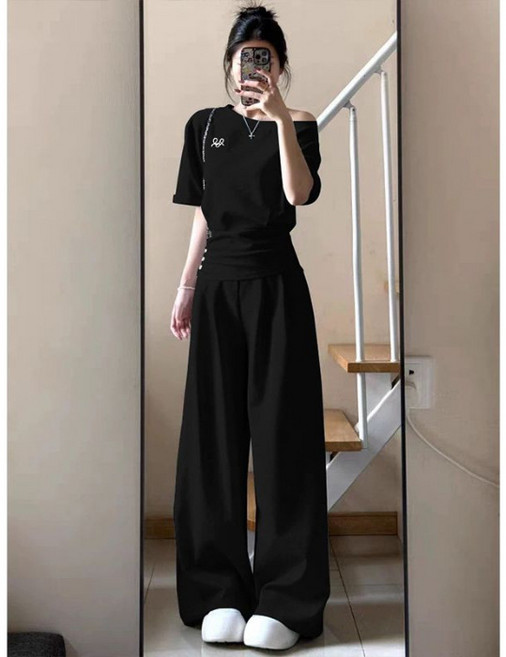 ANYOU 트레이닝 세트 여 여름 루즈핏 슬림핏 패션 반팔 팬츠 캐주얼 투피스