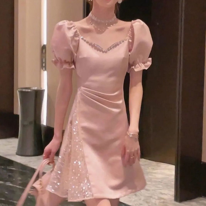 여성 새틴 원피스 캐주얼 봄 여름 하이웨이스트 원피스 기질 큐빅 샤틴 원피스 ZZL