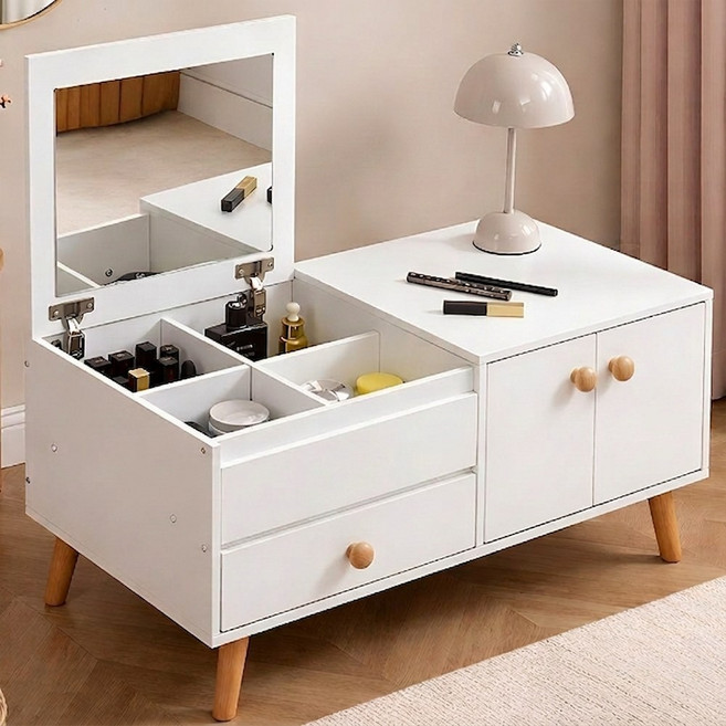 소프트엣지 LED 미니 좌식 화장대, 화이트 우드 80cm