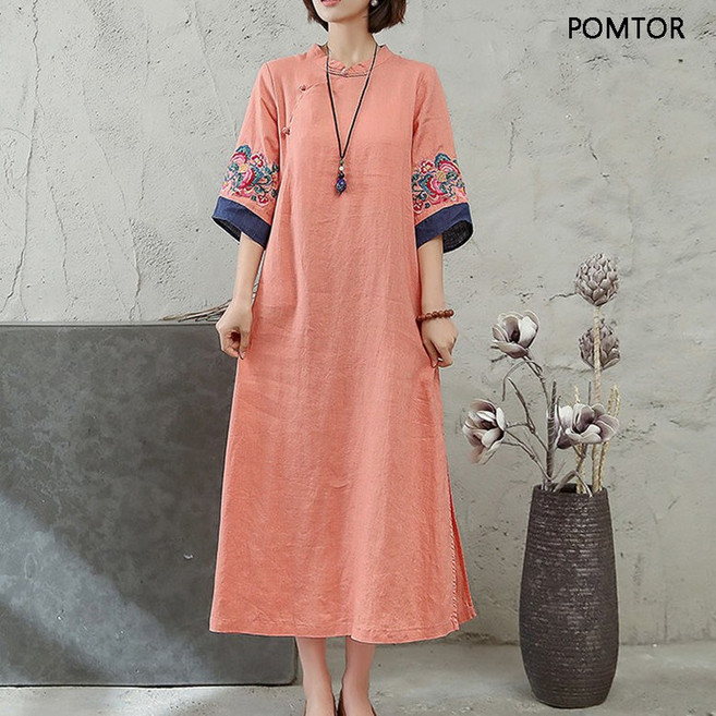 여성봄여름루즈핏 A라인 미디 휴양지 원피스 개량 한복 단추 자수 롱스커트