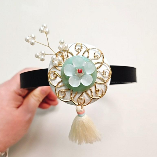 BEEU 비유 금빛 옥꽃 한복머리띠+노리개 / 명절 설 추석 돌잔치 결혼식 예식 여성 여아 성인 한복 노리개 머리띠 머리장식 장신구 헤어장식 헤어악세사리 헤어액세서리