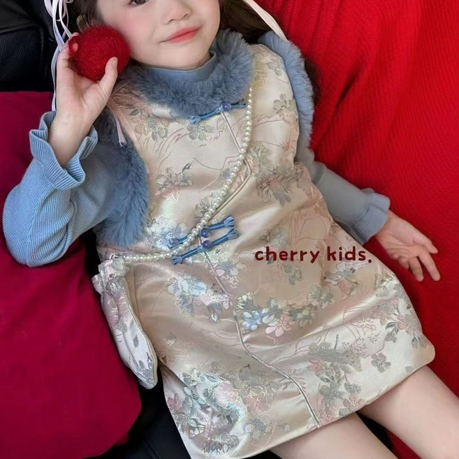 兒童復古旗袍馬甲裙套裝 女童冬季兩件套