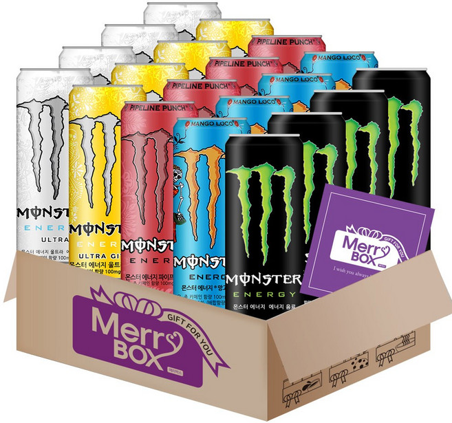 [메리박스]355ml x 20캔 혼합구성 몬스터 에너지드링크 울트라 시트라 펀치 울트라썬라이즈 망고로코 피치킨+메세지카드, 20개, 355ml, 세트01){울트4+시트4+펀치4+망고4+그린4}