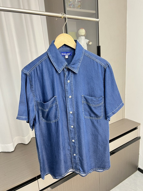 남자 반팔 청 남방 워싱 텐셀 데님 캐주얼 남성 투포켓 블루 재킷 남성용 여름 셔츠
