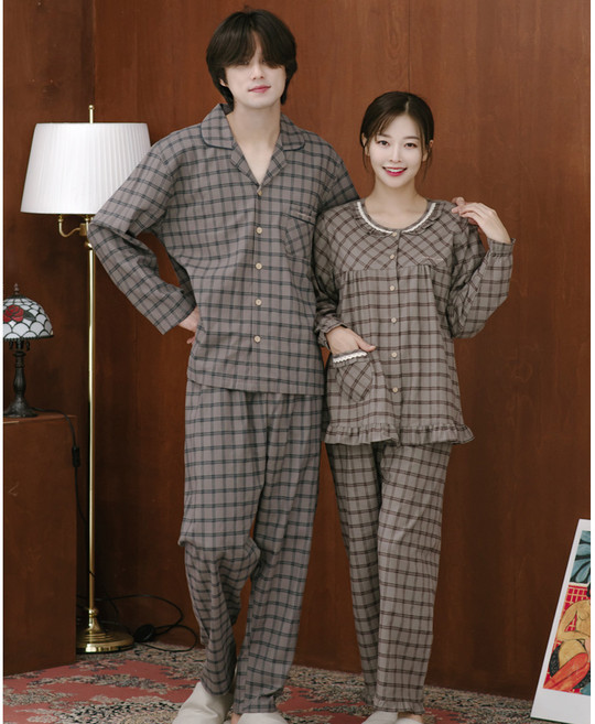 유성 코지이지1043_9969 노먼체크 면기모 긴팔상하 국내산 꿀잠 커플잠옷세트