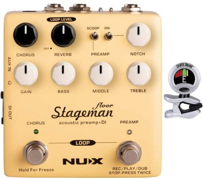 Briskdrop 브리스크드롭 NUX 스테이지맨 플로어 어쿠스틱 프리앰프DI 페달 번들 세트 실버 스나크 튜너 포함, 브리스크드롭 NUX 스테이지맨 플로어 어쿠스틱 프리앰프