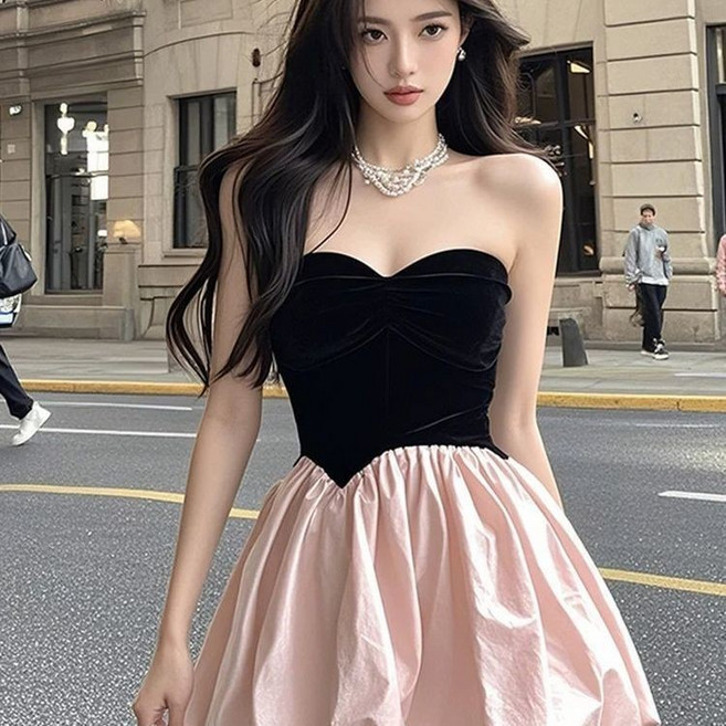 撞色低領抹胸連衣裙女夏季收腰顯瘦純欲短裙子 小禮服裙, 圖色 【原版面料 / 質量可對比】,XXS, 圖色