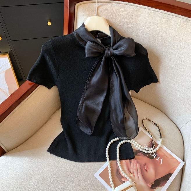 여름 여성 반팔 니트티 프렌치 슬림핏 리본 반팔 반폴라티 캐주얼 여자 니트 목폴라티 반팔티 YJW