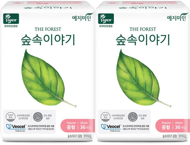 [비건라이프] 예지미인 숲속이야기 비오셀 생리대, 중형, 36개입, 2개