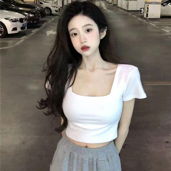 設計感方領短袖T恤女 夏季新款短款上衣