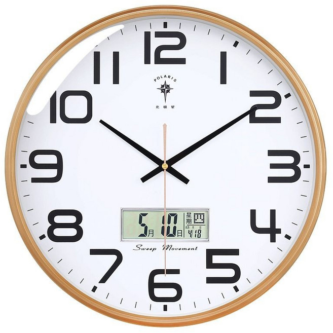 北極星 掛鍾 客廳 靜音 臥室 石英鍾, 金色日厤款,10英寸 26釐米