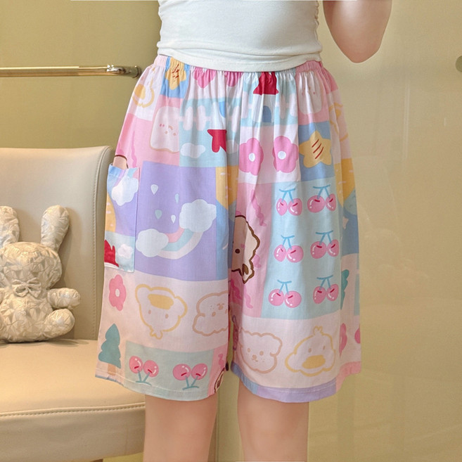 新款睡褲女夏款綿綢短褲人造棉沙灘褲速幹印花寬鬆家居大碼休閒褲
