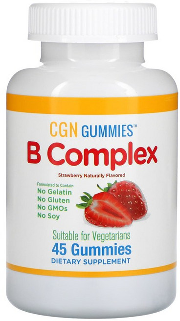 CGN 캘리포니아 골드 뉴트리션 비타민B 복합체 천연 딸기맛 구미젤리 45개 비타민C 니코틴 아마이드 비타민B6 B12 엽산 비오틴 함유 젤라틴 글루텐 무함유, 1개, 45정