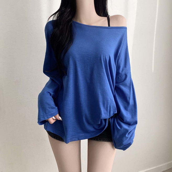 찰랑하늘원단 비치티셔츠 여름긴팔티 오버핏 오프숄더 비치티셔츠 보트넥 슬라브 긴팔티셔츠